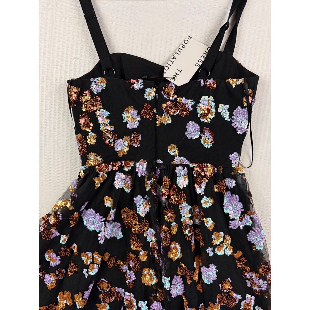 Dress The Population Floral Sequin Fit Flare Dress Black Purple Gold Small NEW - Picture 5 of 11
